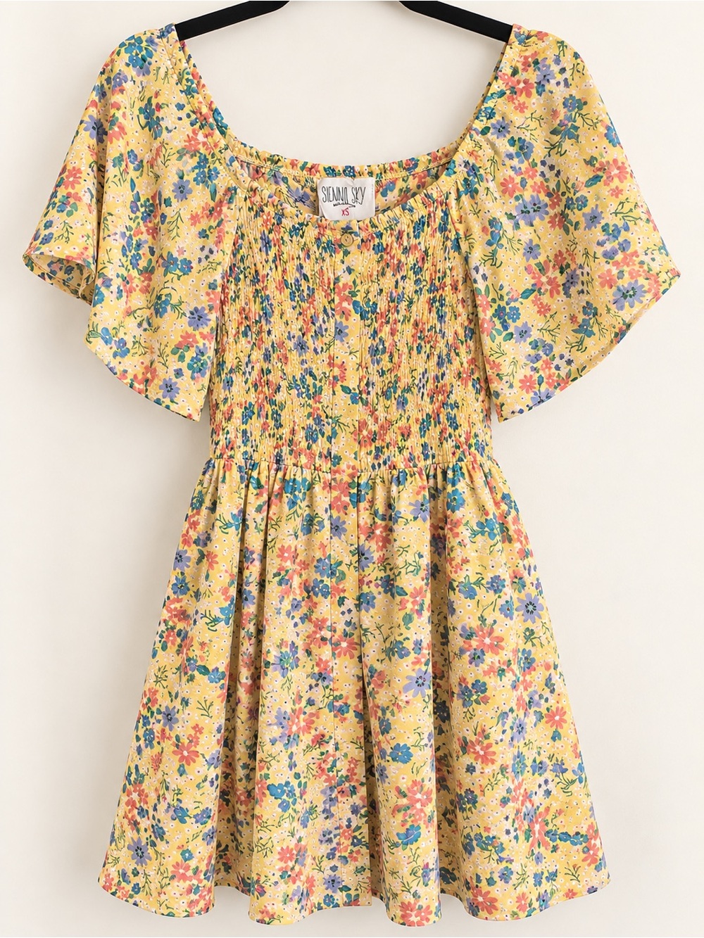 Sienna Sky XS Yellow Floral Smocked Mini Dress Flutter Sleeve